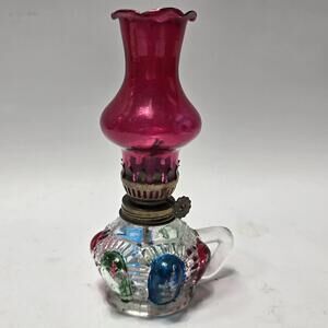OIL LAMP HONG KONG Mini Pattern Glass Flash Painted 8"t Vintage